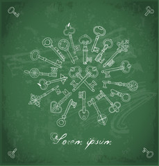 Composition with vintage doodle keys on blackboard background. Doodle sketch illustration.