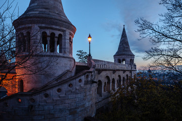 Towers of the Fisherman's Bastion against the background of a dawn sky. Budapest, Hungary
