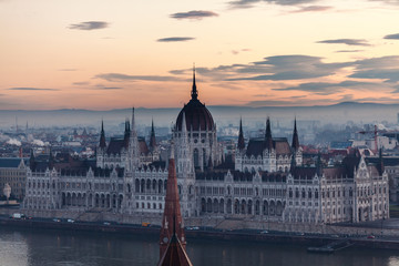 Fototapeta premium Morning view of illuminated Parliament building in Budapest,