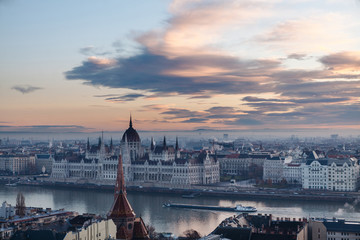 Morning view of illuminated Parliament building in Budapest,