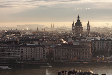 Panoramic view of Budapest in the fall. Danube Embankment and St. Stephen's Cathedral