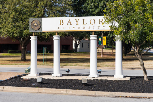 Waco, TX / USA: Baylor University Sign at the Entrance to Baylor University in Waco, Texas.