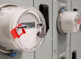Smart meter close up. Digital meter transmits energy consumption. Electric energy use is recorded...