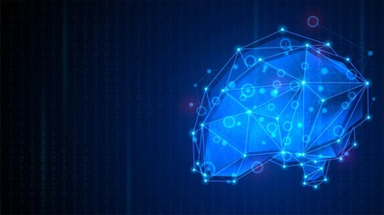 Low poly glowing blue human brain with neural network. Artificial intelligence and brainstorm