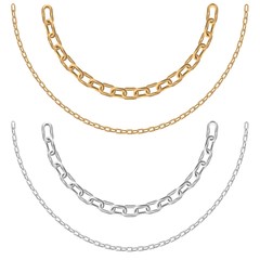 Gold and silver chain necklaces on a white background - obrazy, fototapety, plakaty