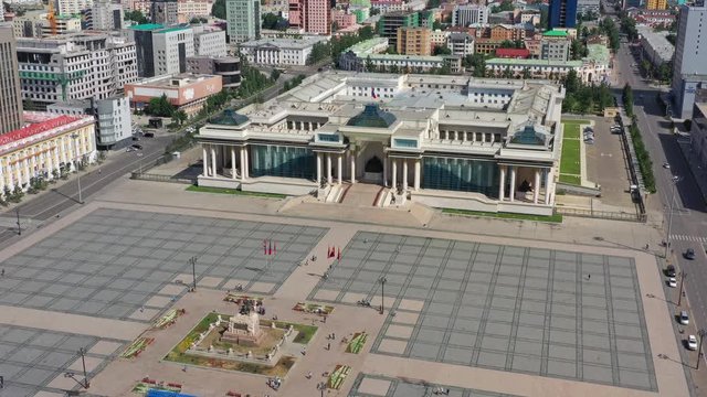 Aerial view of Sukhbaatar Square in center of Ulaanbaatar city, capital of Mongolia, 4k