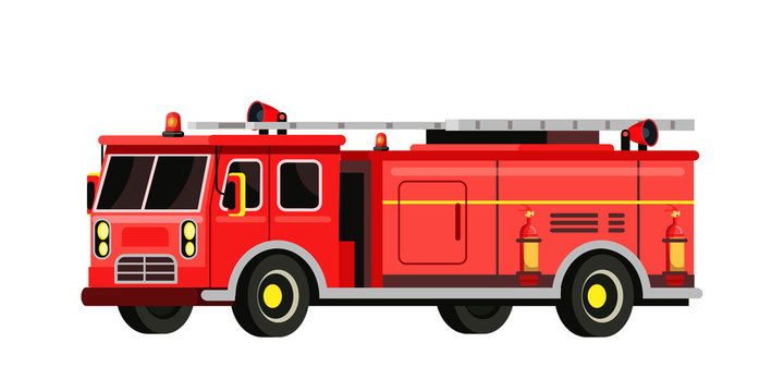 Firefighter red truck flat vector illustration