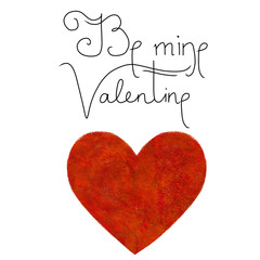 Valentine's Day template design with big red watercolor heart illustration and hand drawn lettering - be mine Valentine