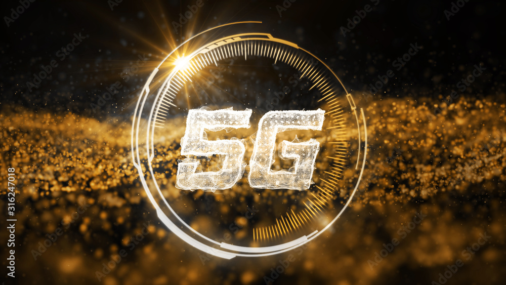 Aufkleber 5g communication hud with abstract gold network data transfering motion background. technology and f