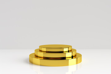 Three layers Golden Product stand on white background. Gold Pedestal with reflection and shadow on floor. Customer presentation show decoration template in room. Advertising concept. 3D illustration