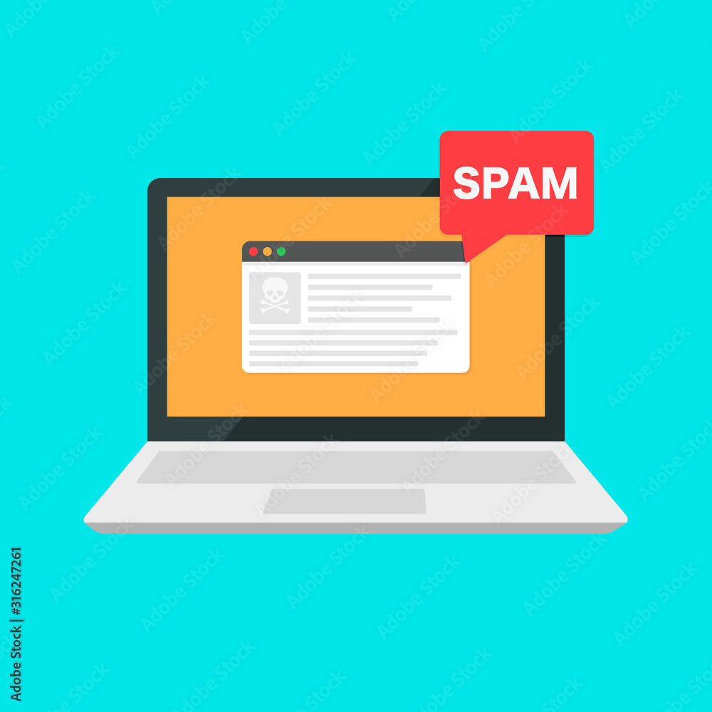 Poster spam warning window appear on laptop screen. concept of virus, piracy, hacking and security. spam bu