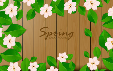 Spring background concept with white flower and green leaves decoration on realistic wood background texture. Design template for use cover poster, sale banner, summer event, wedding invitation