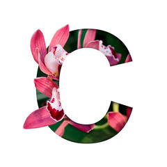 Flower font. Letter C made from natural flowers. Composition of beautiful orchids. Text in the form of tropical plants.