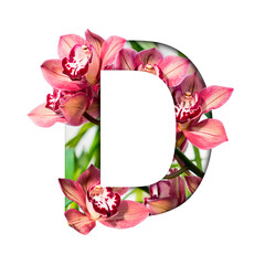 Flower font. Letter D made from natural flowers. Composition of beautiful orchids. Text in the form of tropical plants.