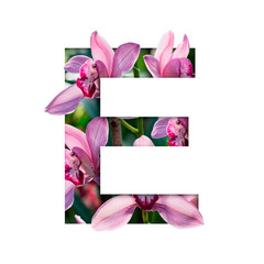 Flower font. Letter E made from natural flowers. Composition of beautiful orchids. Text in the form of tropical plants.