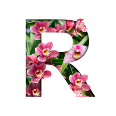 Flower font. Letter R made from natural flowers. Composition of beautiful orchids. Text in the form of tropical plants.