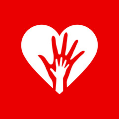 Obraz premium Two Hands in the Heart Icon as Orphan Children Adoption Metaphor on Red. Great an Illustration or Logo for Child Adoption or Medical or kids Health Care Charity Agency