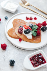Romantic Breakfast on Valentine's Day of pancake heart shape