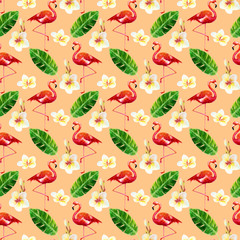Tropical seamless pattern with different green leafs and flamingos.