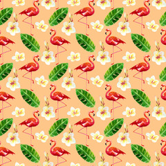 Tropical seamless pattern with different green leafs and flamingos.