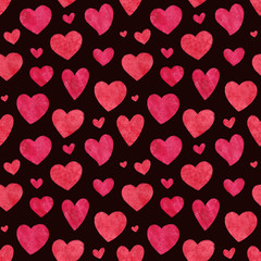 Seamless hearts pattern on dark background. Valentine's Day template design. Love and couple relationship watercolor illustration