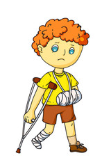 Little boy with injured arm and leg on crutch