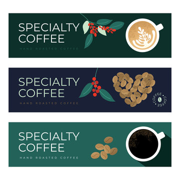 Vector illustrations for Specialty coffee, roasters company, coffee shop or house. Set of banners with heart shaped roasted beans, cup of cappuccino and espresso. Background for flyer, web, ad, print.