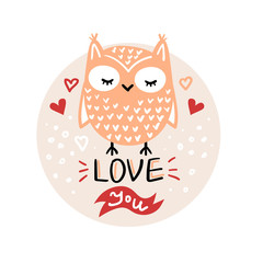 Vector, clip art, hand drawn Valentines day illustration. Funny fairy tale, forest animal, owl face. Sticker, print for cards, posters t-shirts other clothes and more