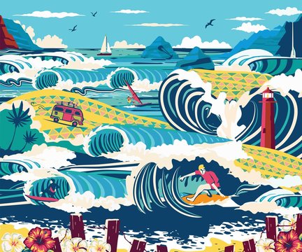 Tiny adults adults go surfing, windsurfing and kitesurfing. Summer beach activities, marine activities, concept of marine animation services. Bright bright blue and yellow vector isolated illustration