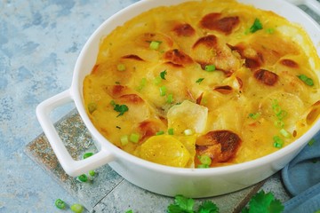 Homemade scalloped potatoes/ Potato gratin close up, selective focus