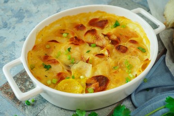 Homemade scalloped potatoes/ Potato gratin close up, selective focus