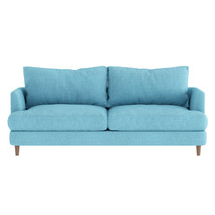 Soft blue fabric sofa on wooden legs on a white background. Front view. 3d rendering