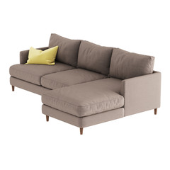 Soft brown fabric sofa on wooden legs with a yellow pillow pert on a white background. 3d rendering