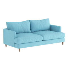 Soft blue fabric sofa on wooden legs on a white background. Angled view. 3d rendering