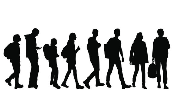 Vector silhouettes of  men and a women, a group of standing and walking  business people with backpack, black color isolated on white background