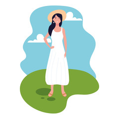 young woman standing with landscape background