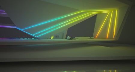 Fototapeta na wymiar Abstract architectural white interior of a minimalist house with colored neon lighting. 3D illustration and rendering.