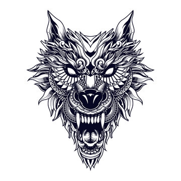 wolf illustration tattoo style and tshirt design