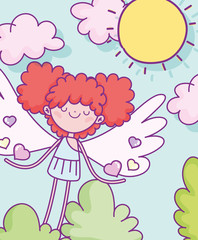 happy valentines day, cute cupid with hairred hearts love bush sun clouds