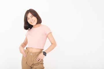 Beautiful happy young Asian woman on white background