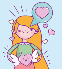 happy valentines day, young woman with heart wings speech bubble