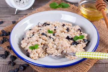 Bowl of oatmeal with raisins
