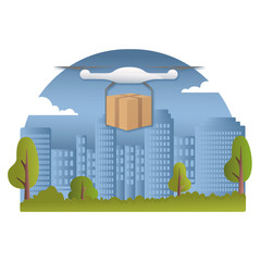 Obraz premium Delivery drone with the package against city background. Fast and convenient transportation concept. Remote air drone with a box flying in the sky. Modern delivery of the package by flying drone