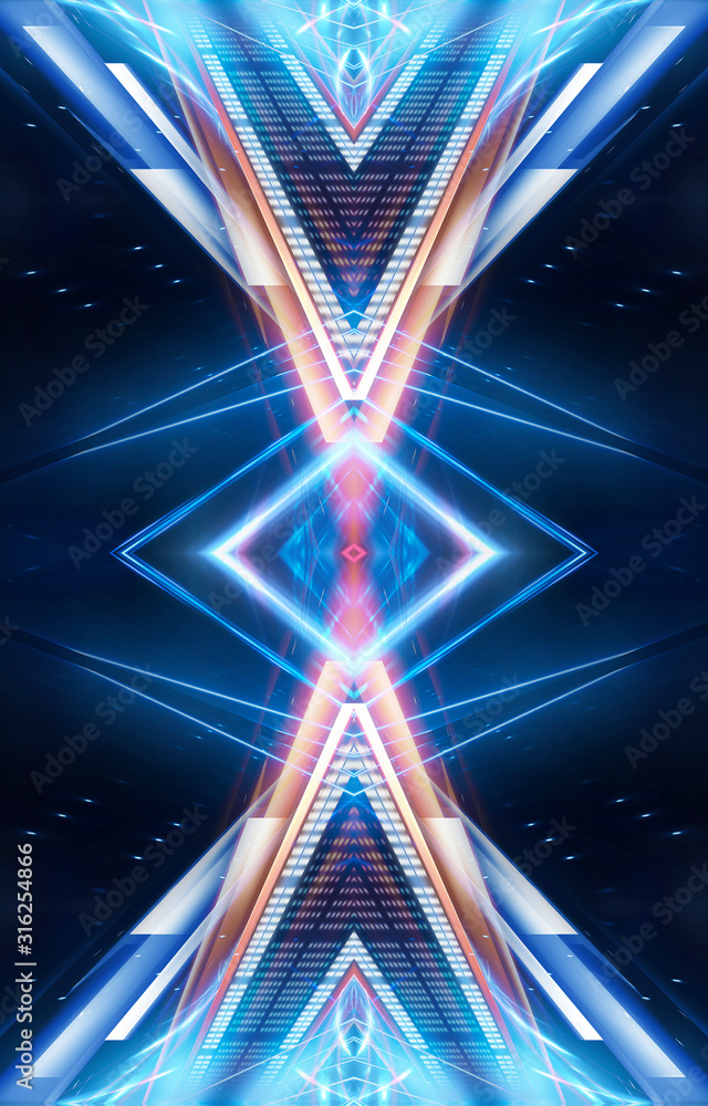 Wall mural Abstract futuristic blue neon background. Lines and light rays. Abstract light. Empty stage light element in the center. Night view.