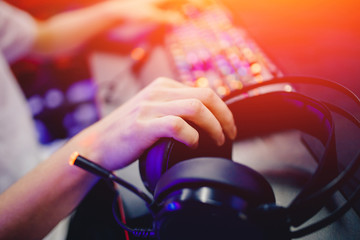 Headphone backlit for video gamer computer esports in internet cafe