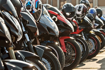 Many motorcycles on the biker show. Motorcycle elements closeup. City Bikers Festival.