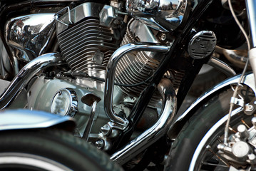 Motorcycle engine closeup. chrome engine parts. Shiny smooth details.