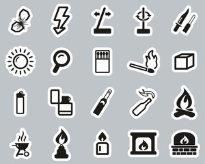 Fire & Fire Making Tools Icons Black & White Sticker Set Big