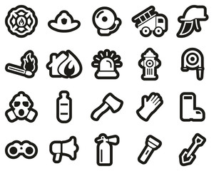 Firefighter & Firefighter Equipment Icons White On Black Sticker Set Big