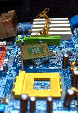 Desktop personal computer microprocessor close-up. Socket on the motherboard. Desktop PC motherboard. Electronic component.
